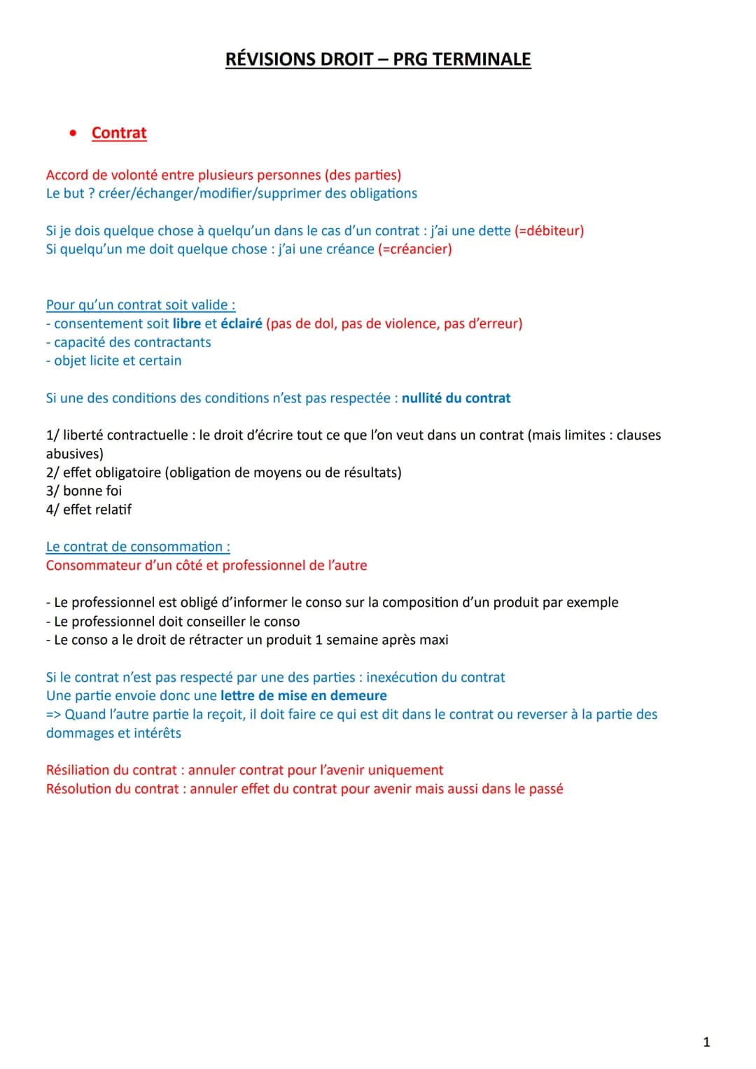 ●
Contrat
RÉVISIONS DROIT - PRG TERMINALE
Accord de volonté entre plusieurs personnes (des parties)
Le but ? créer/échanger/modifier/supprim