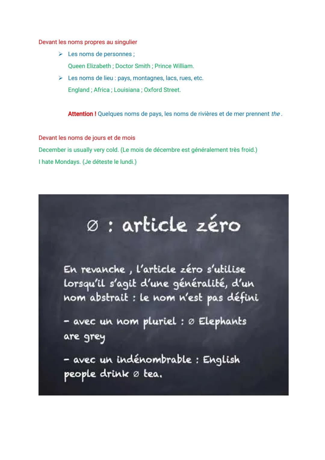 L'article zéro
En anglais, il y a un << article zéro ». Il signifie que l'on ne fait précéder le nom d'aucun article.
Emploi
Devant les noms