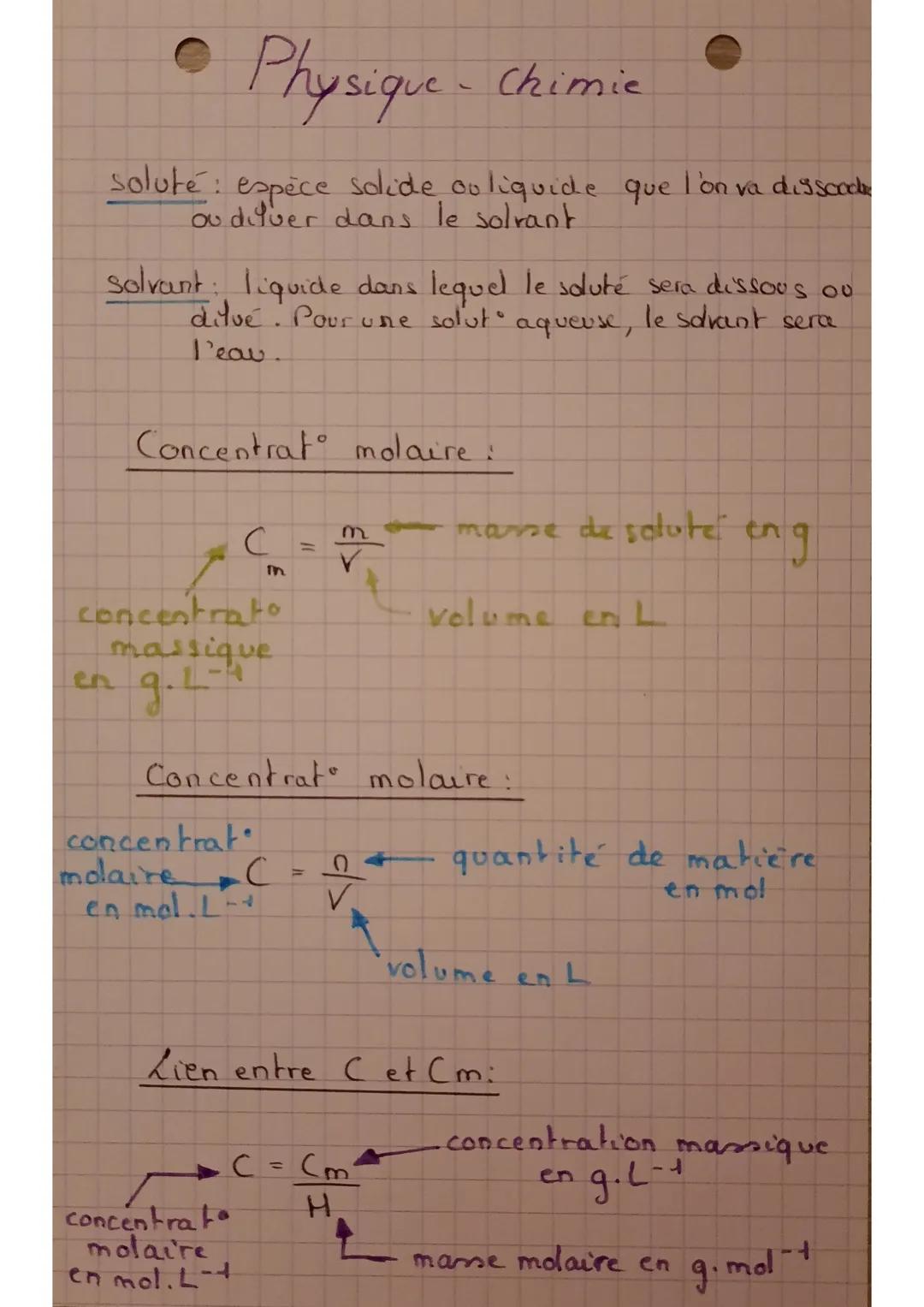 # Physique-Chimie

soluté: espèce solide ouliquide que l'on va disscode
ou diluer dans le solrant

Solvant: liquide dans lequel le soluté se