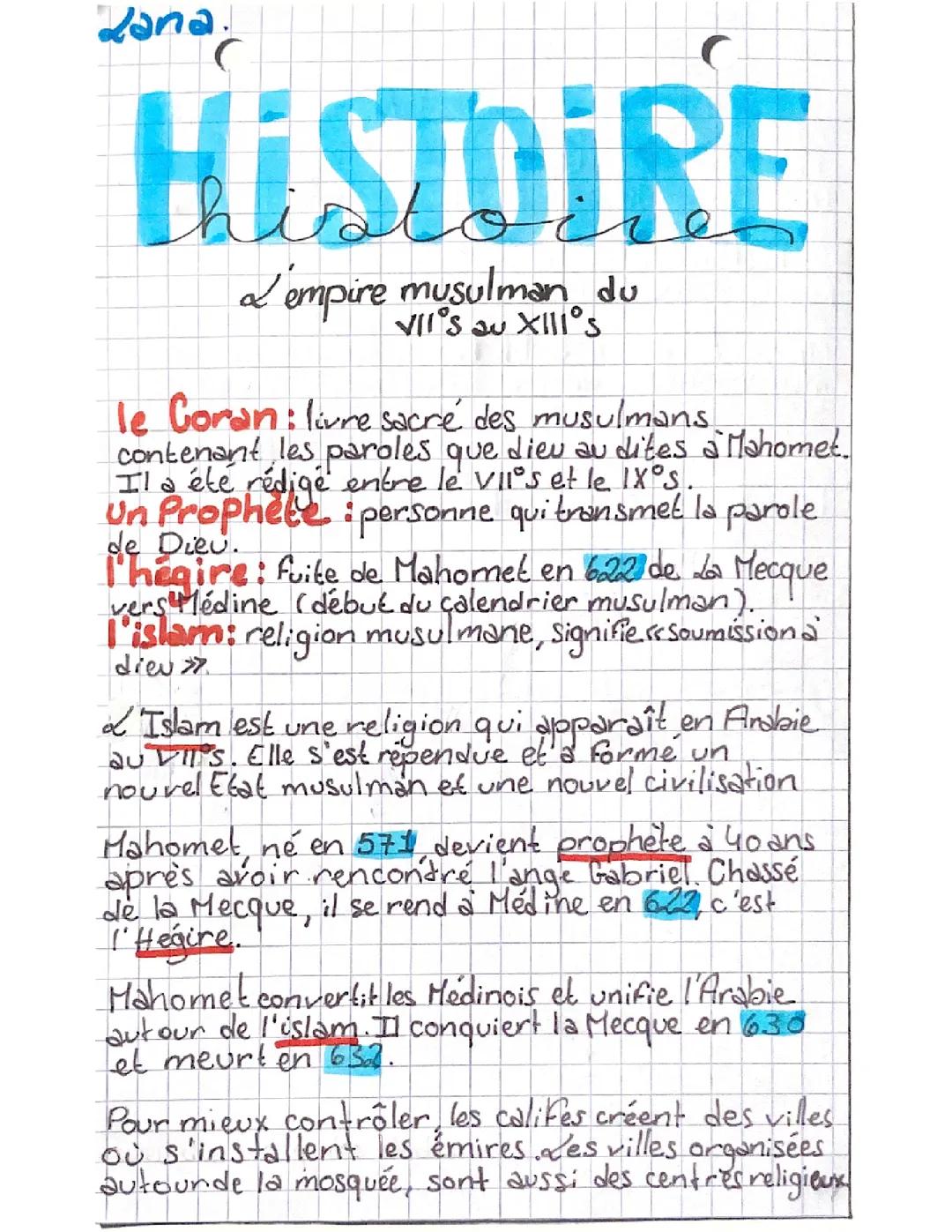Fiche de Révision : L'Islam et l'Empire Musulman (VIIe-XIIIe siècle)