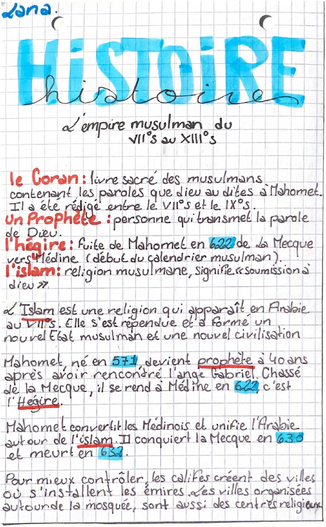 Zana.
Zanac
HISTOIRE
his
L'empire musulman du
VII's au XIII's
le Coran: livre sacré des musulmans.
à
contenant les paroles que dieu au dites