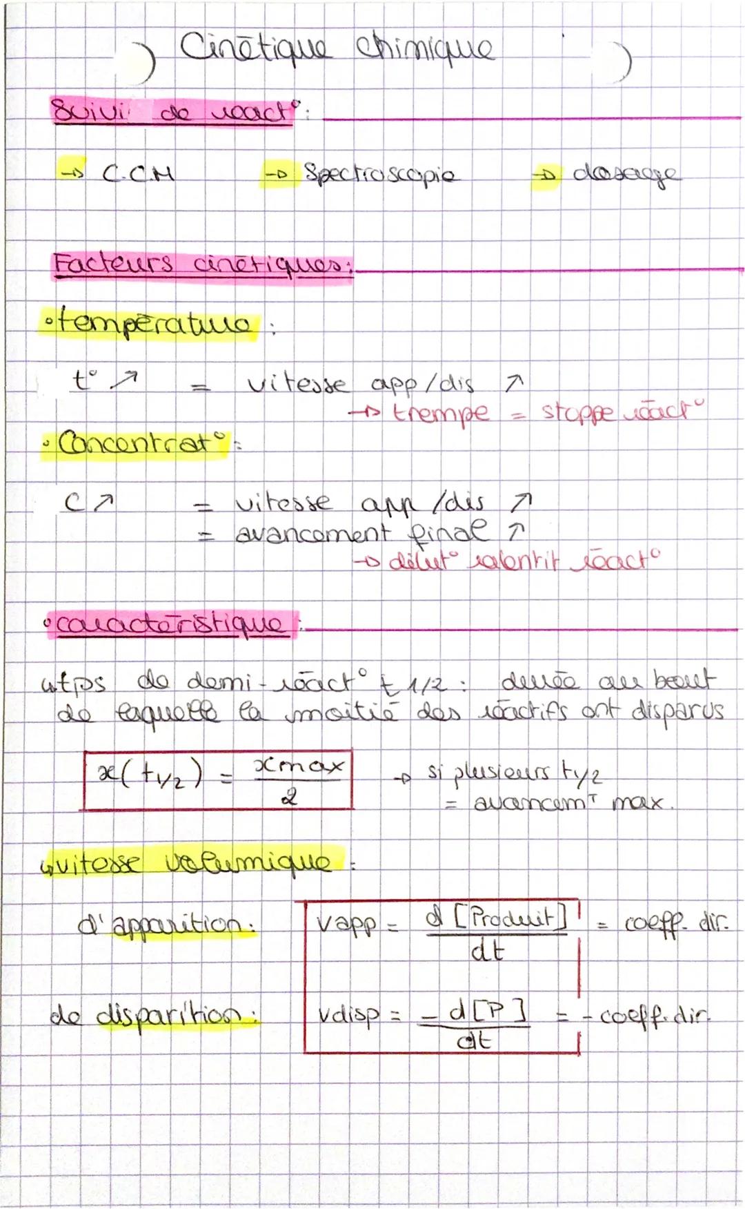 ) Cinétique chimicuue
)
Suivi
de react:
- C.CN
- Spectroscopie
dosage
Facteurs cinctiques:
•temperaturo:
ť
= vitesse app/dis
→ trempe = stop