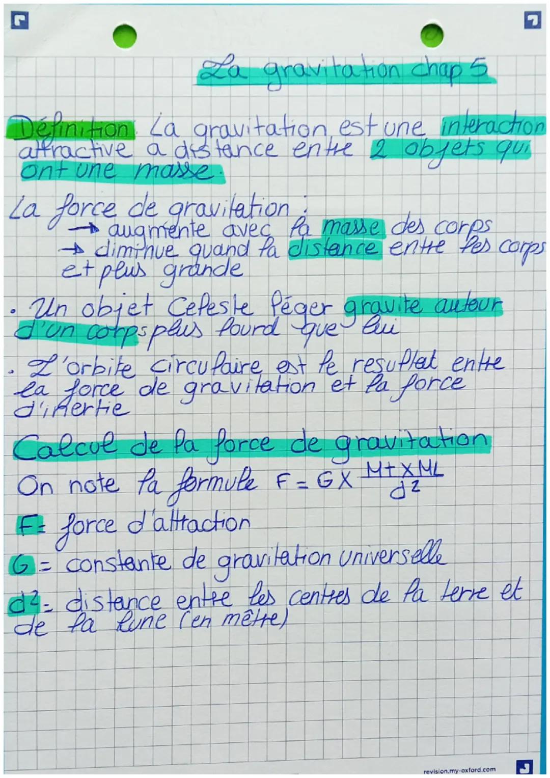 La gravitation chap 5
La gravitation est une interaction
a distance entre 2 objets qui
Définition
attractive
ont une masse.
La force de grav