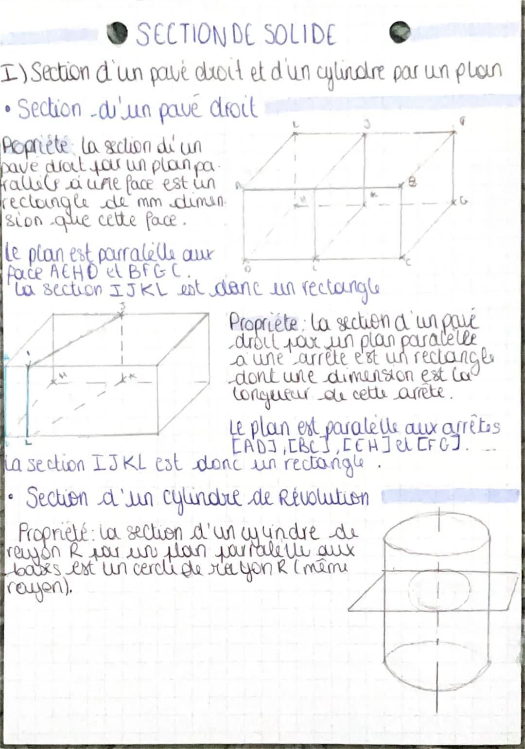 SECTION DE SOLIDE
I) Section d'un pavé droit et d'un cylindre par un plan
• Section d'un pavé droit
Propriété la section di un
pave droit fo