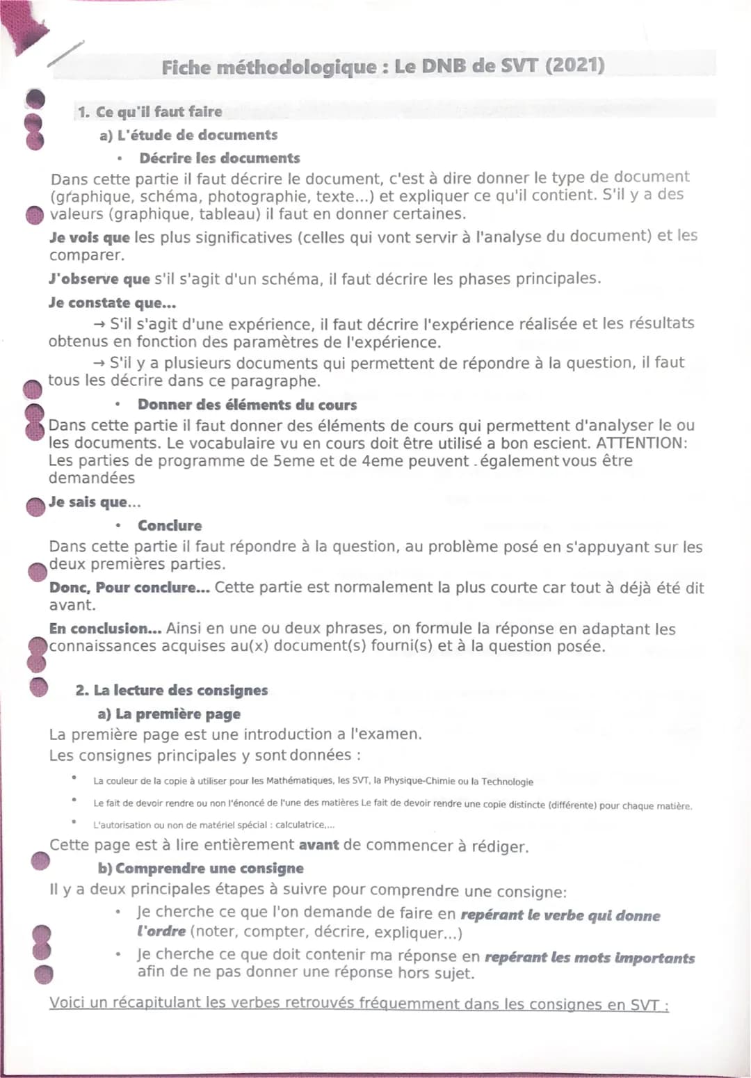 1. Ce qu'il faut faire
Fiche méthodologique : Le DNB de SVT (2021)
Décrire les documents
Dans cette partie il faut décrire le document, c'es