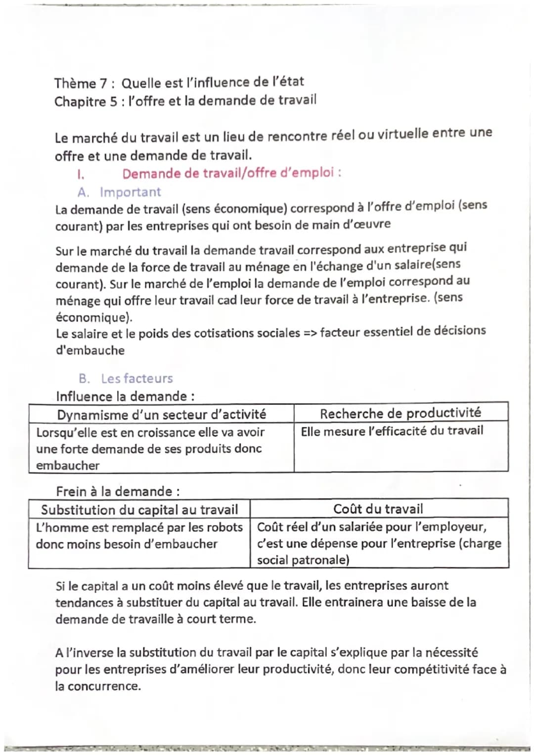 Thème 7: Quelle est l'influence de l'état
Chapitre 5 : l'offre et la demande de travail
Le marché du travail est un lieu de rencontre réel o