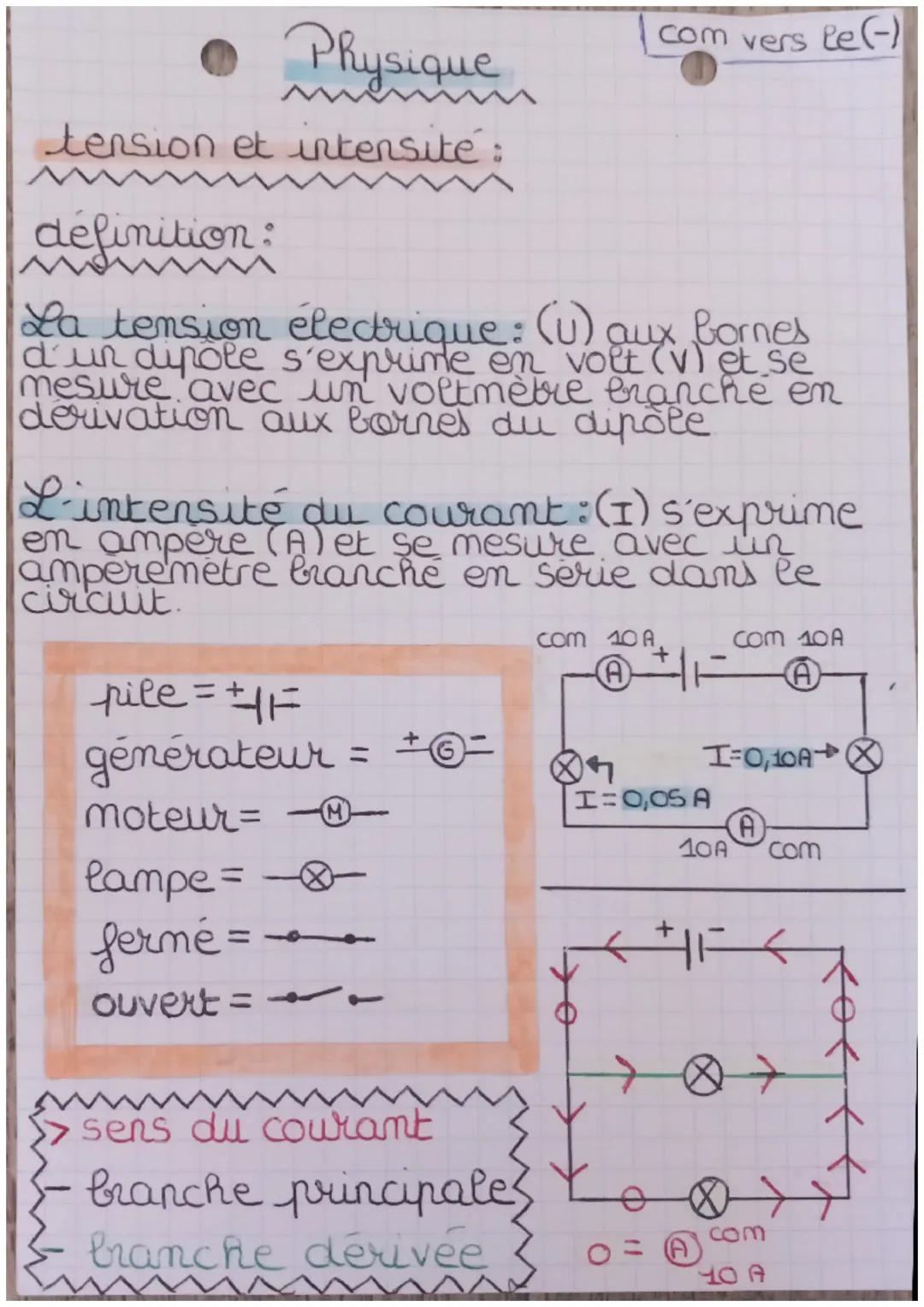 Physique
tension et intensite:
definition:
M
La tension électrique: (U) aux Bornes
d'un dipôle s'exprime en volt (V) et se
mesure avec un vo