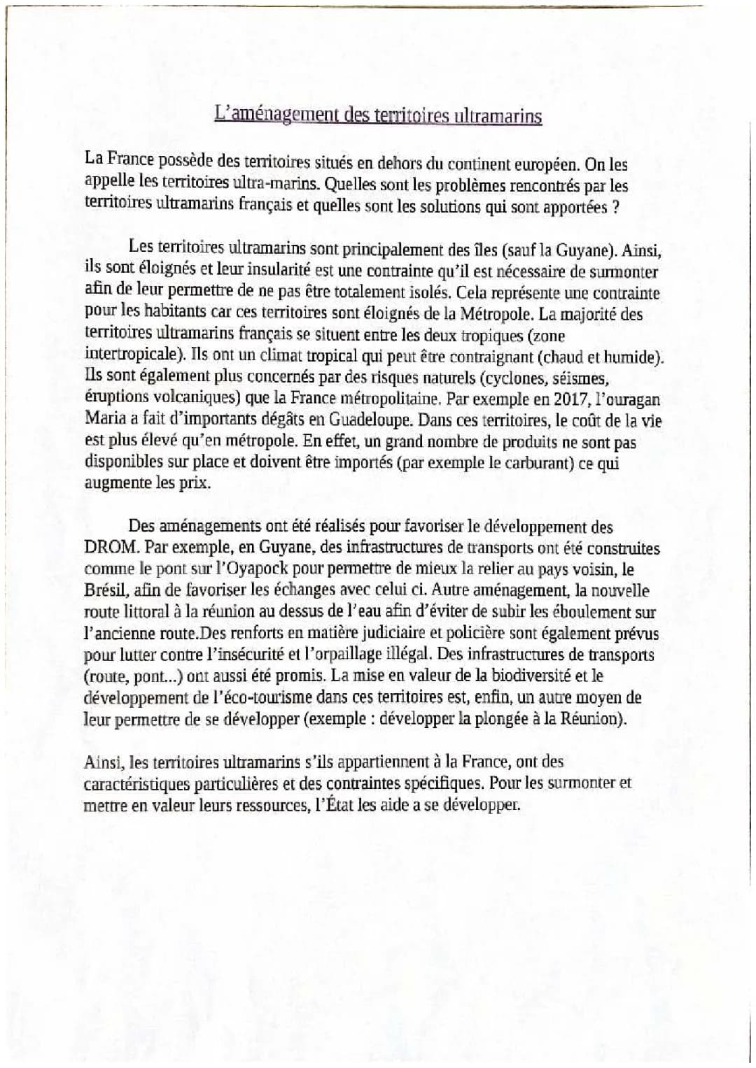 Aménager les Territoires Ultramarins Français en 3ème: Contraintes et Solutions