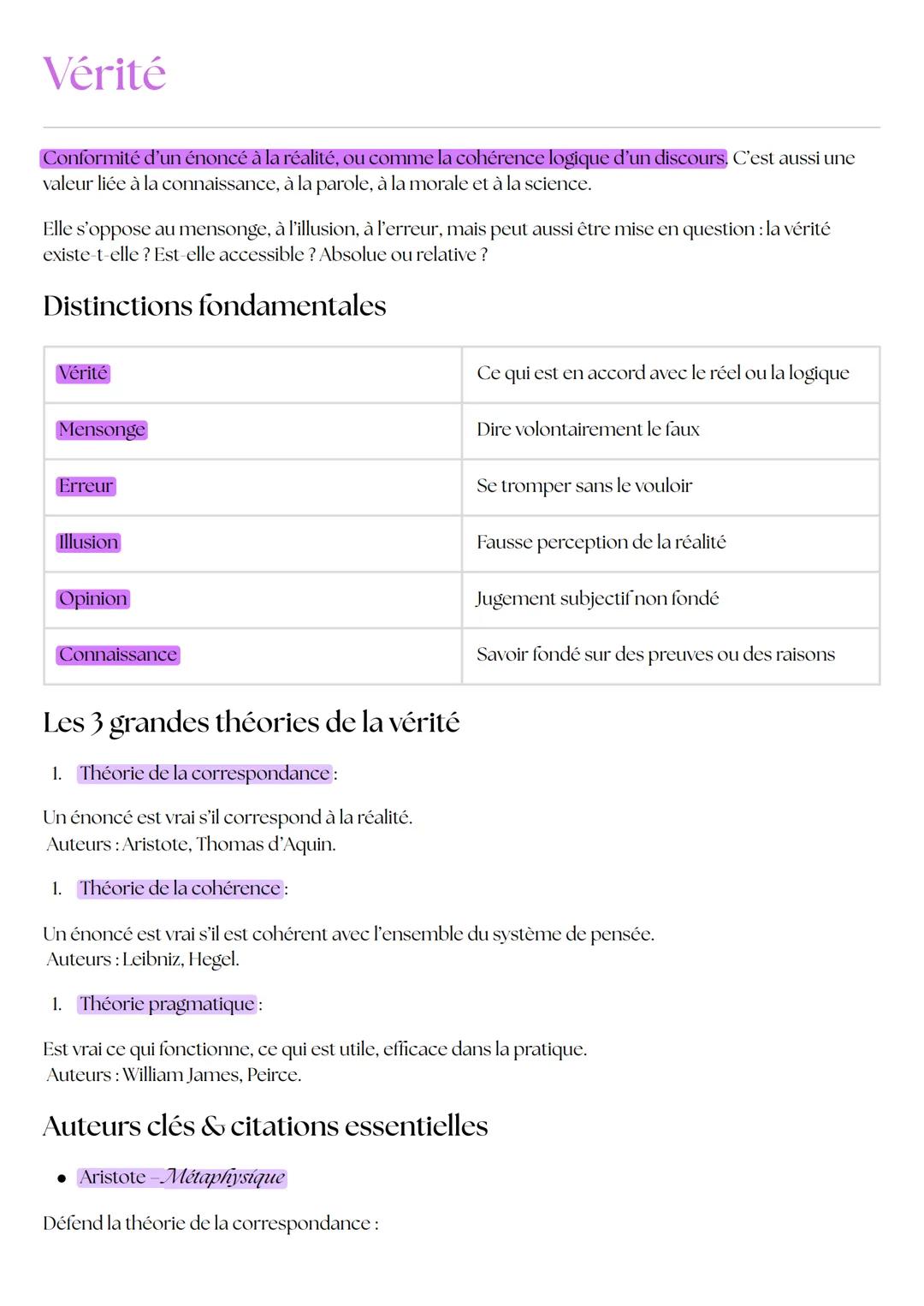 Vérité
Conformité d'un énoncé à la réalité, ou comme la cohérence logique d'un discours. C'est aussi une
valeur liée à la connaissance, à la