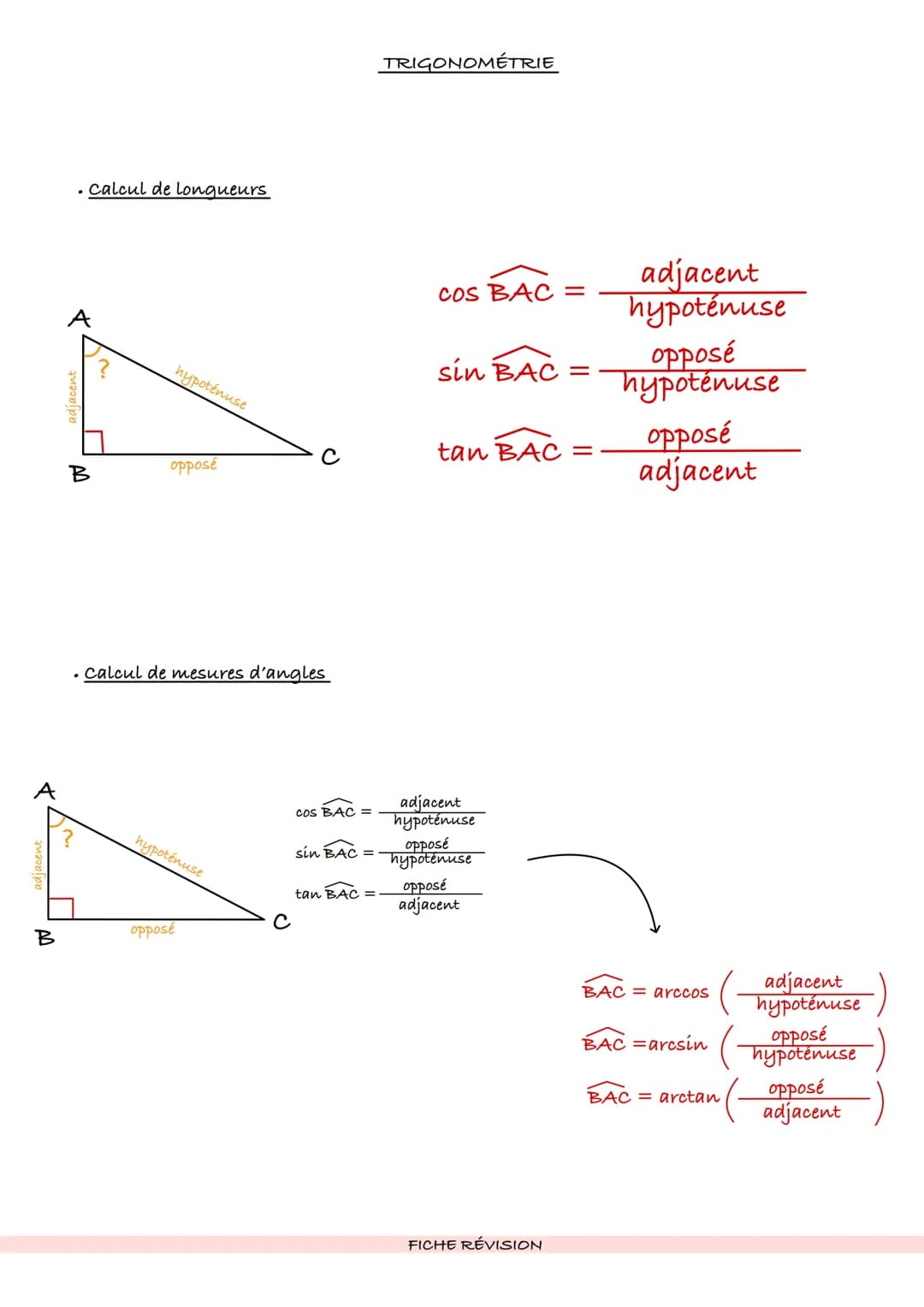 adjacent
B
. Calcul de longueurs
adjacent
B
hypoténuse
opposé
. calcul de mesures d'angles
hypoténuse
opposé
J
с
cos BAC =
sin BAC =
tan BAC