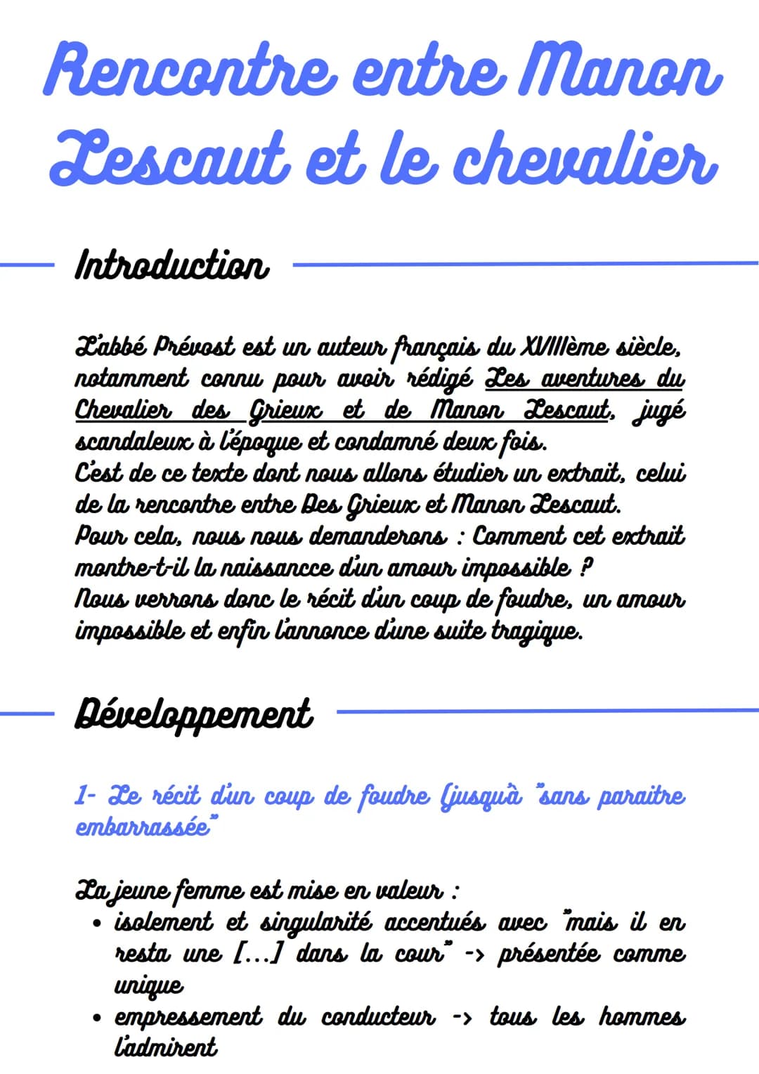 Rencontre entre Manon
Lescaut et le chevalier
Introduction
L'abbé Prévost est un auteur français du XVIIIème siècle,
notamment connu pour av