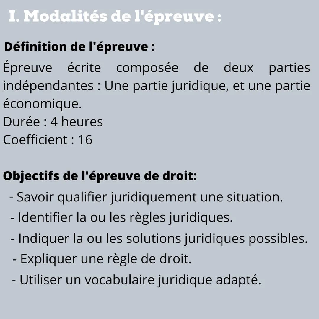 BAC 2022
DESCRIPTION DE
L'ÉPREUVE DE DROIT
AU BAC STMG
FP
FORMATION I. Modalités de l'épreuve :
Définition de l'épreuve :
Épreuve écrite com