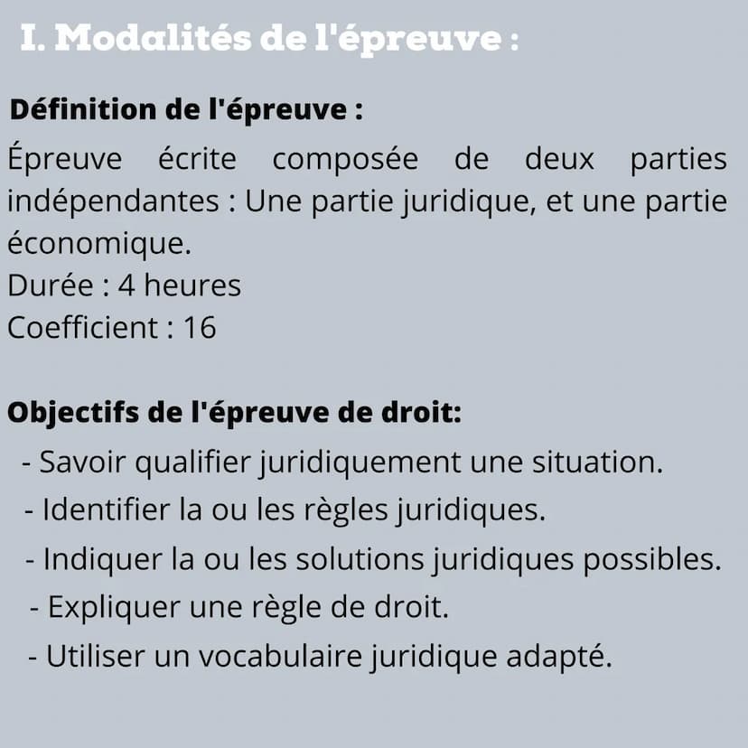 BAC 2022
DESCRIPTION DE
L'ÉPREUVE DE DROIT
AU BAC STMG
FP
FORMATION I. Modalités de l'épreuve :
Définition de l'épreuve :
Épreuve écrite com