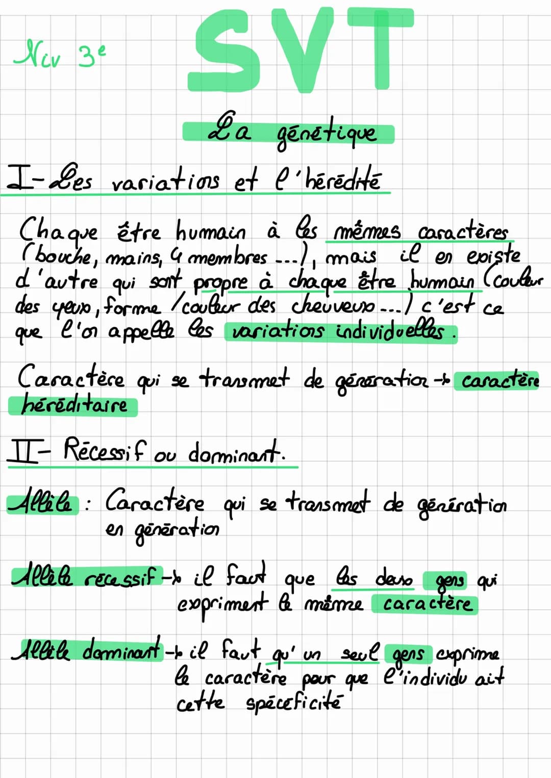 SVT
La génétique
I-es variations et l'hérédité
Nov 3e
Chaque être humain à les mêmes caractères,
bouche, mains, 4 membres...), mais il en ex
