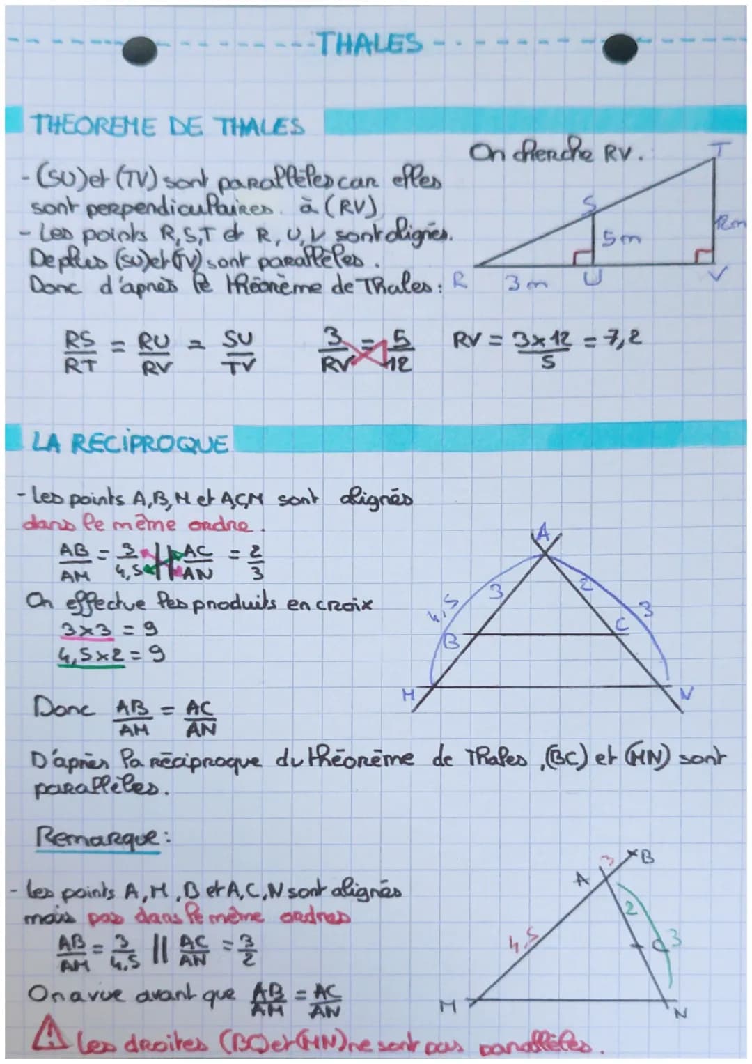 THEOREME DE THALES
·(su) et (TV) sont paralleles car elles
sont perpendiculaires à (RV)
- Les points R, S,T et R, U, V sont olignes.
Deplies