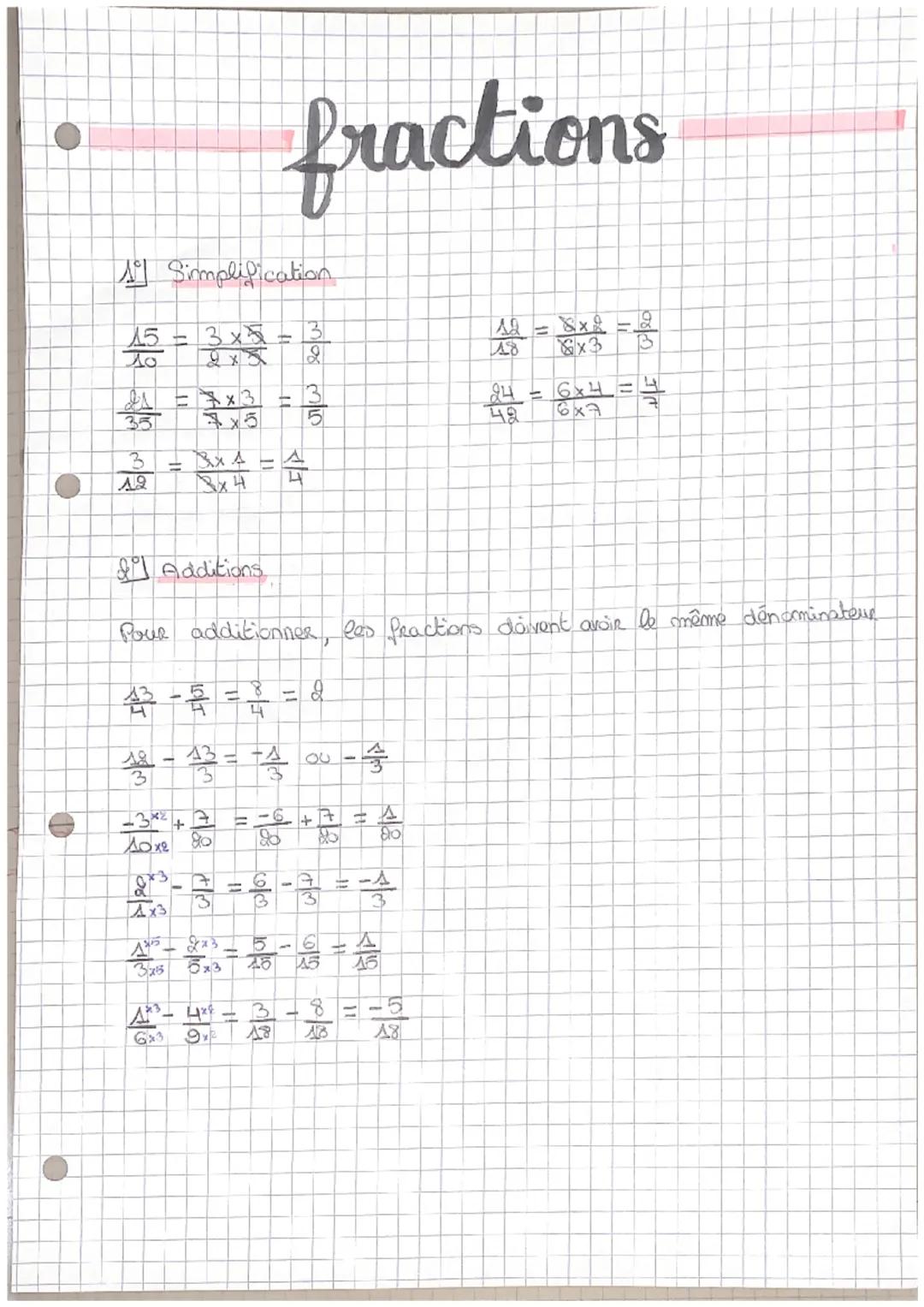 fractions

1 Simplification

$\frac{15}{10}$ = $\frac{3x}{2x}$ = $\frac{3}{2}$

$\frac{21}{35}$ = $\frac{7x3}{7x5}$ = $\frac{3}{5}$

$\frac{
