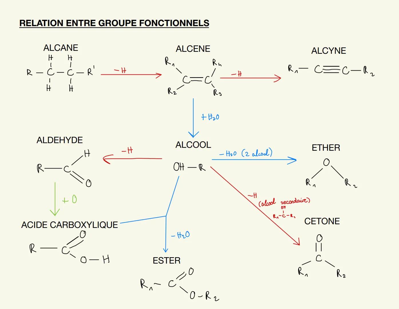RELATION ENTRE GROUPE FONCTIONNELS
ALCANE
H
1
1
R-Ċ-Ċ-R'
I
H
ALDEHYDE
R
H
R
+0
H
ACIDE CARBOXYLIQUE
-2
- H
0-H
-H
ALCENE
R₁-
R₁
R₂
ALCOOL
OH