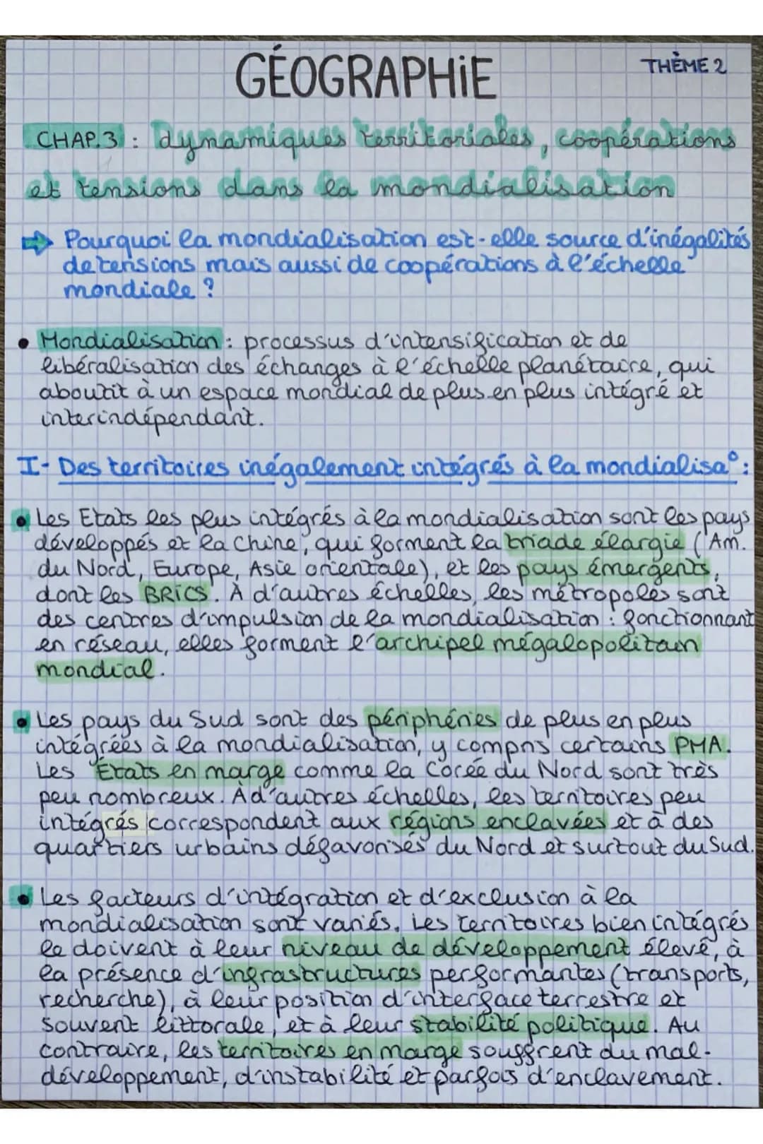 GÉOGRAPHIE
CHAP 3: dynamiques territoriales, coopérations
et tensions dans la mondialisation
THEME 2
Pourquoi la mondialisation est-elle sou