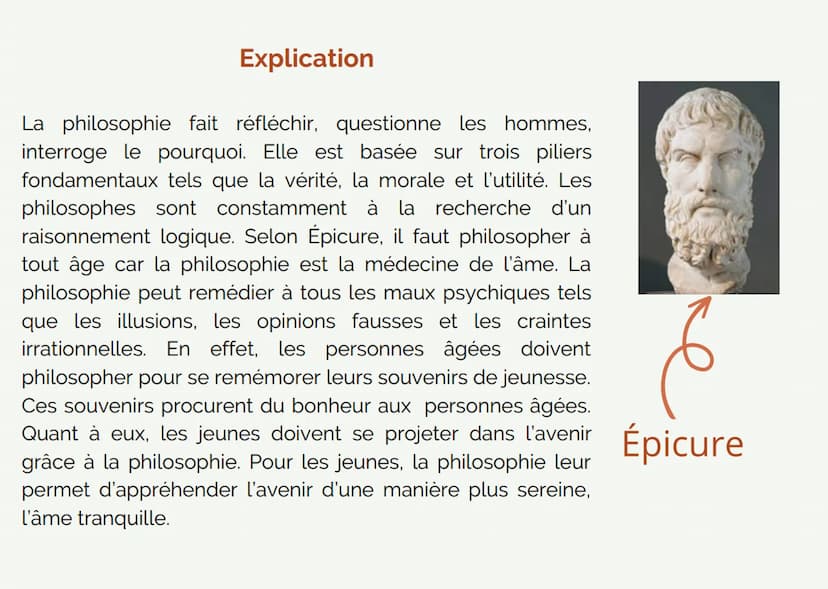 ÉPICURE
Lettre à
Ménécée
Lola Patrouillault T4 Passage choisi
"Qu'on ne remette pas la philosophie à
plus tard parce qu'on est jeune et
qu'o