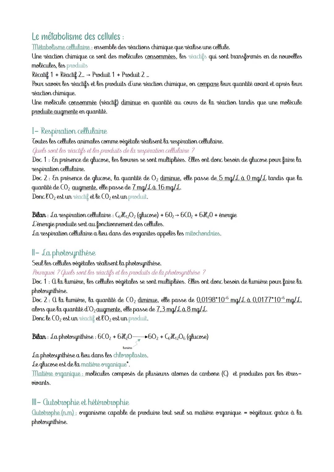 Le métabolisme des cellules :
métabolisme cellulaire ensemble des réactions chimique que réalise une cellule.
Une réaction chimique ce sont 