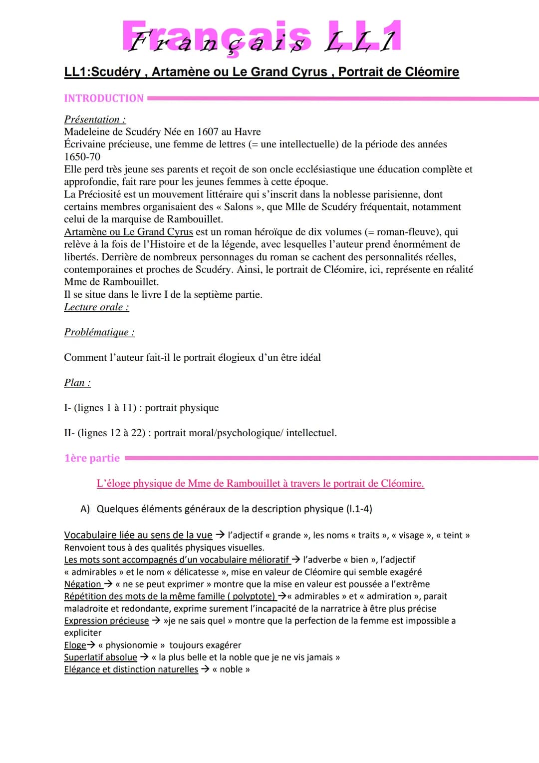 Français Lkz
LL1:Scudéry, Artamène ou Le Grand Cyrus, Portrait de Cléomire
INTRODUCTION
Présentation :
Madeleine de Scudéry Née en 1607 au H