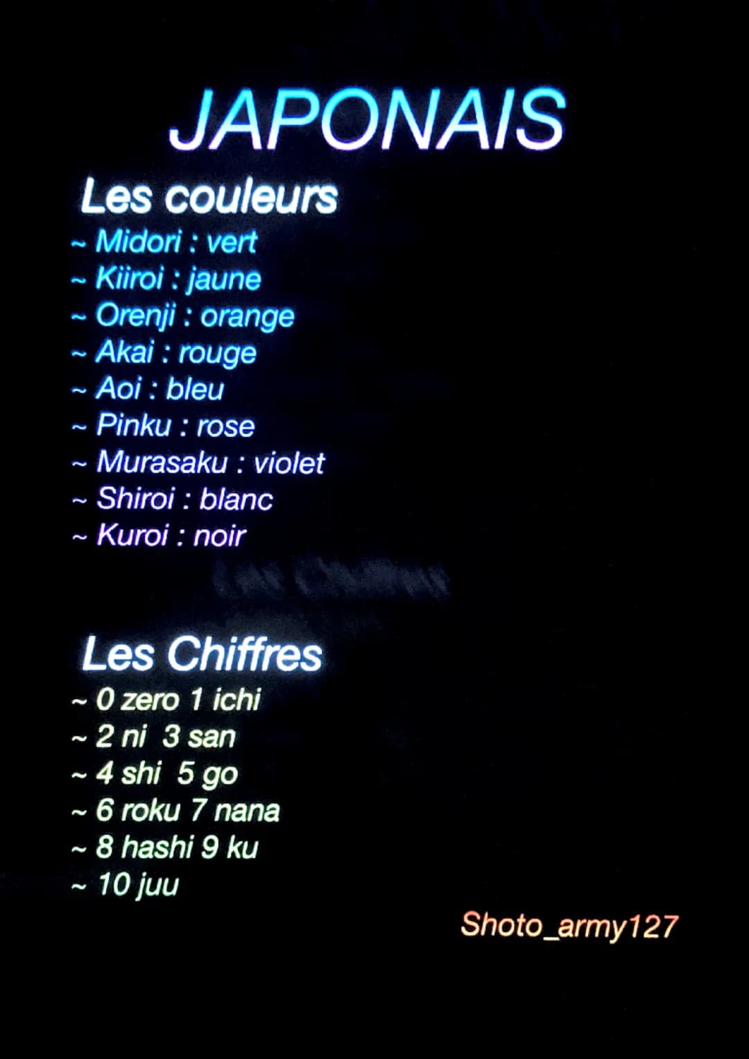 JAPONAIS
Les couleurs
- Midori: vert
- Kiiroi : jaune
- Orenji: orange
~ Akai: rouge
- Aoi: bleu
~ Pinku: rose
~ Murasaku : violet
~ Shiroi 