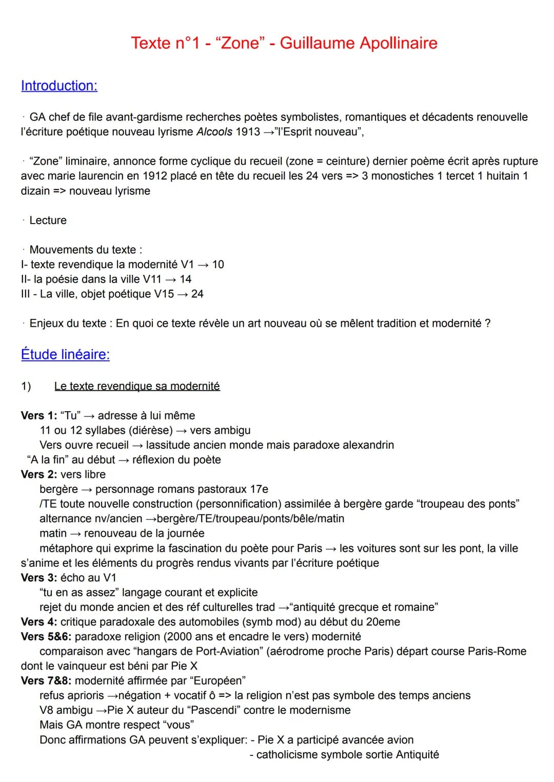 Introduction:
Texte n°1 - "Zone" - Guillaume Apollinaire
GA chef de file avant-gardisme recherches poètes symbolistes, romantiques et décade