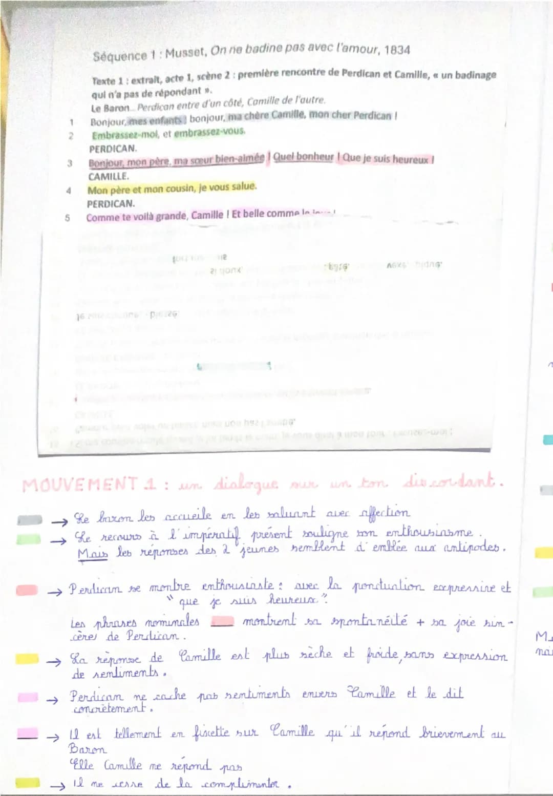 --- OCR Start ---
Teocte linéaire nº 1
ACTE 1: SCENE 2 cobrnil première rencontre de Perdican et Camille,
du badinage is la joute conflictue