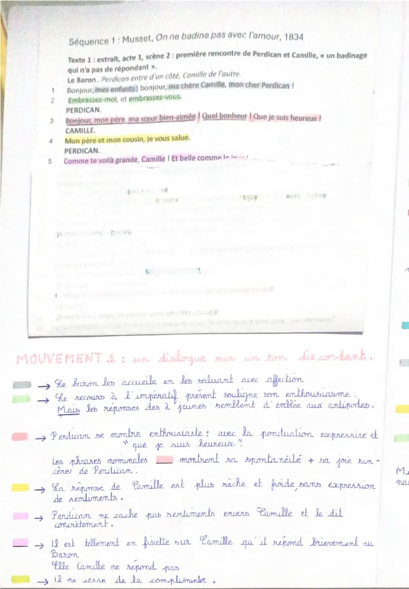 --- OCR Start ---
Teocte linéaire nº 1
ACTE 1: SCENE 2 cobrnil première rencontre de Perdican et Camille,
du badinage is la joute conflictue