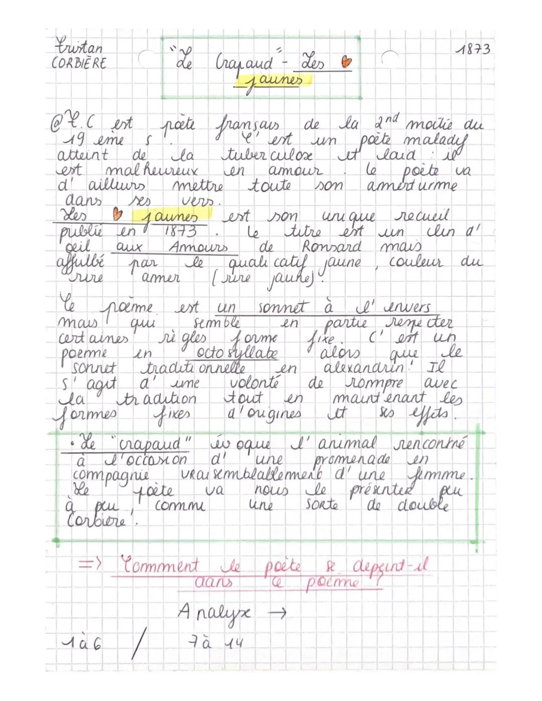 tristan
CORBIERE

"Le Crapand" - Les

@l. est poète
C
19 eme
S
Jaunes

poète français de la 2nd martie du
atteint de la tuber culosx it laid