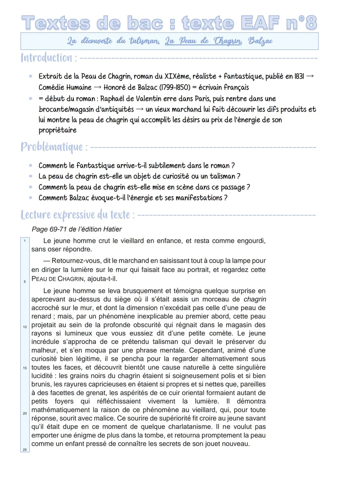 Textes de bac : texte EAF n
La découverte du talisman, 2a Peau de Chagrin, Balzac
Introduction:
* Extrait de la Peau de Chagrin, roman du XI