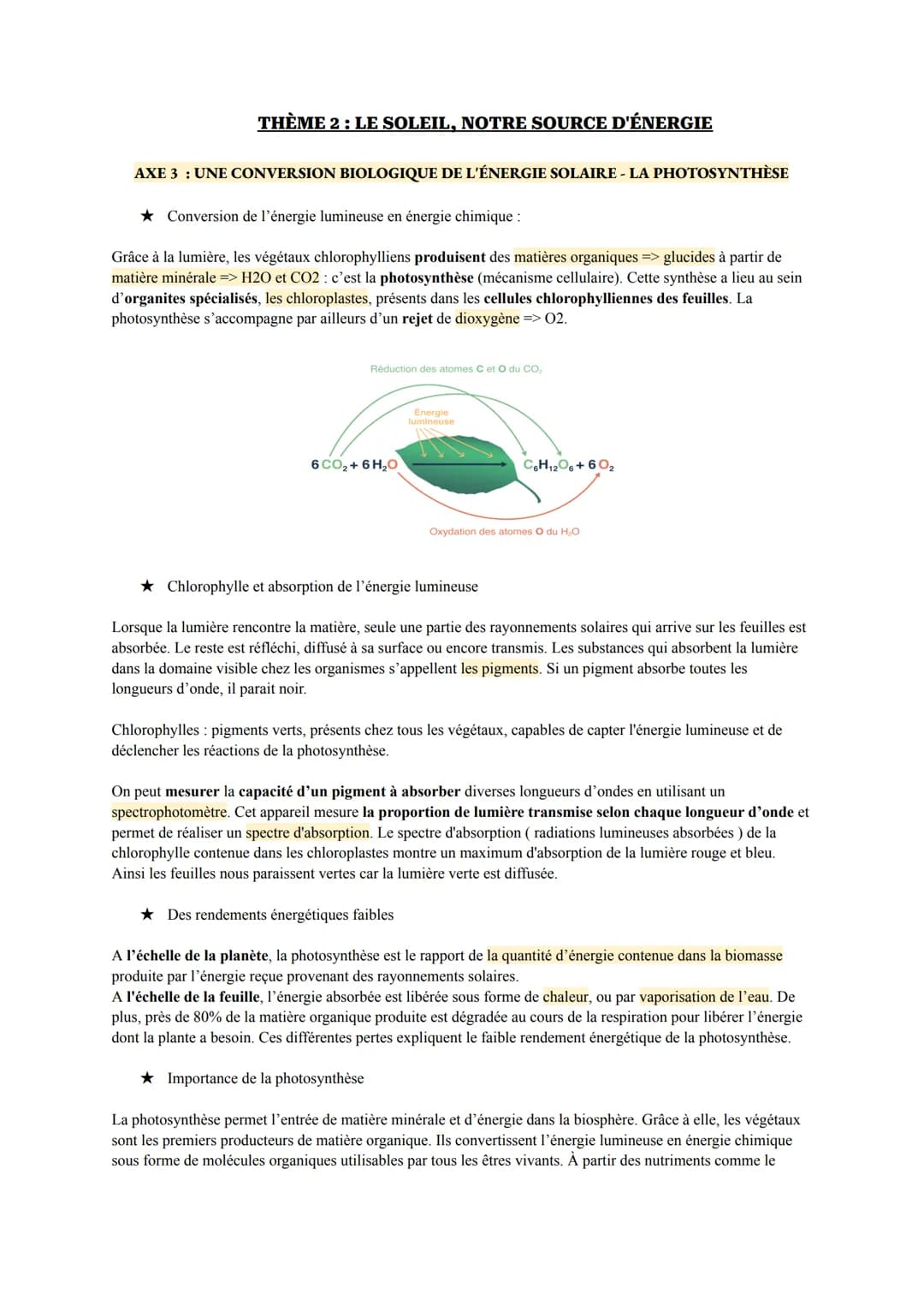 THÈME 2 : LE SOLEIL, NOTRE SOURCE D'ÉNERGIE
AXE 3 : UNE CONVERSION BIOLOGIQUE DE L'ÉNERGIE SOLAIRE - LA PHOTOSYNTHÈSE
Conversion de l'énergi