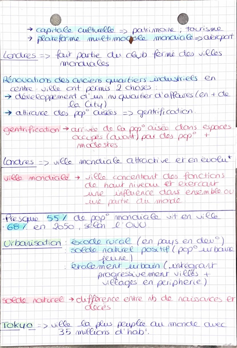 G
Thm - Chpt 1
+ de moitié de papo mondiale vie en ville
métropolisation → concentration des Hommes et activites
dans les grandes villes.
né