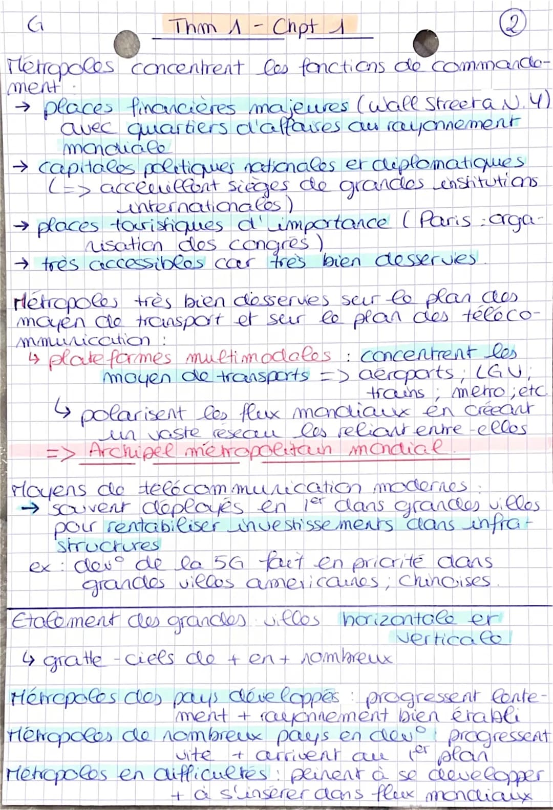 G
Thm - Chpt 1
+ de moitié de papo mondiale vie en ville
métropolisation → concentration des Hommes et activites
dans les grandes villes.
né