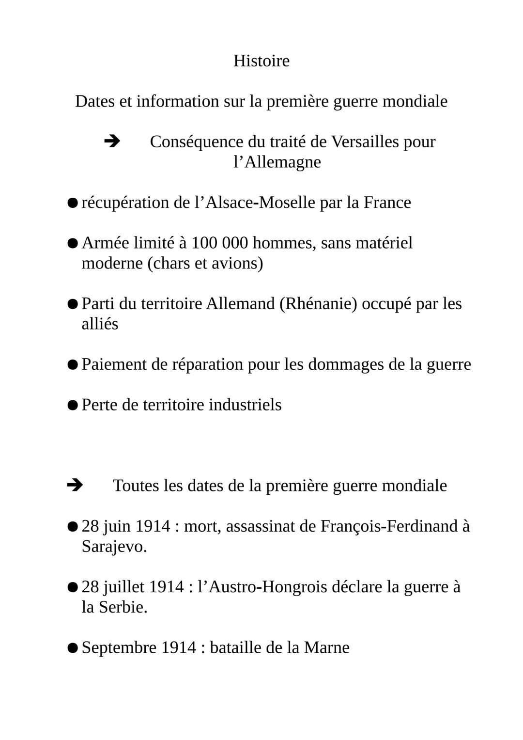 Histoire
Dates et information sur la première guerre mondiale
➜ Conséquence du traité de Versailles pour
l'Allemagne
récupération de l'Alsac