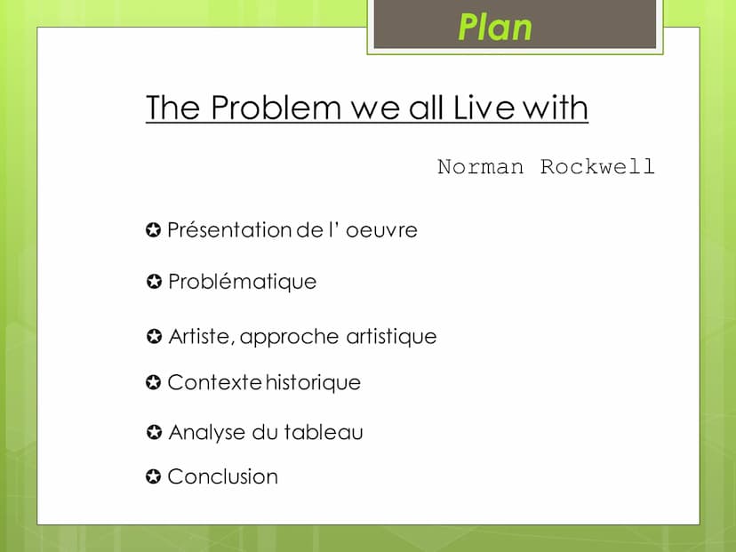 ORAL DU BREVET  The Problem we all Live with
Présentation de l'oeuvre
Problématique
Plan
Norman Rockwell
Artiste, approche artistique
✪ Cont