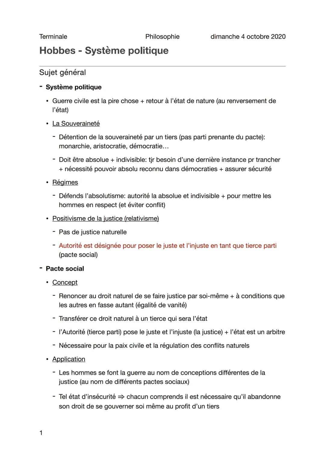 Terminale
Hobbes - Système politique
Sujet général
1
●
Philosophie
Système politique
Guerre civile est la pire chose + retour à l'état de na