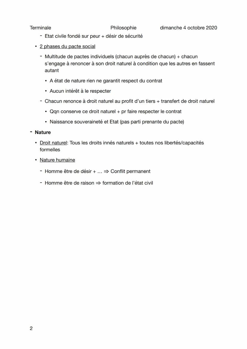 Terminale
Hobbes - Système politique
Sujet général
1
●
Philosophie
Système politique
Guerre civile est la pire chose + retour à l'état de na