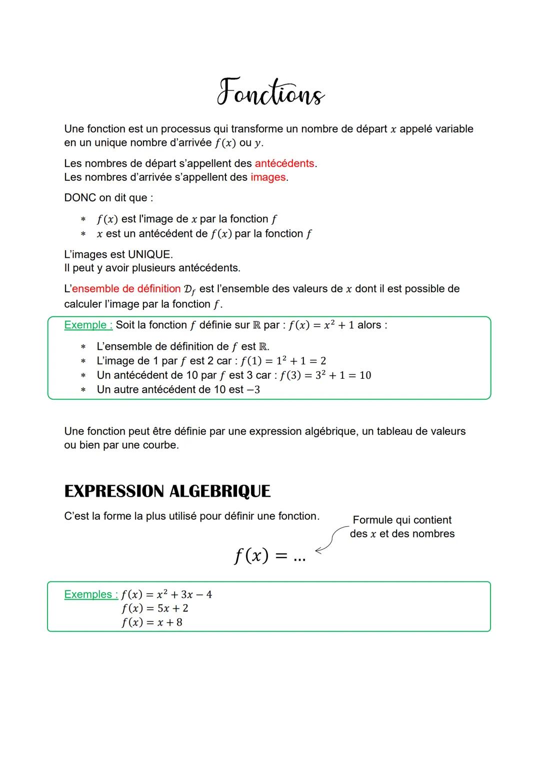 Fonctions
Une fonction est un processus qui transforme un nombre de départ x appelé variable
en un unique nombre d'arrivée f(x) ou y.
Les no