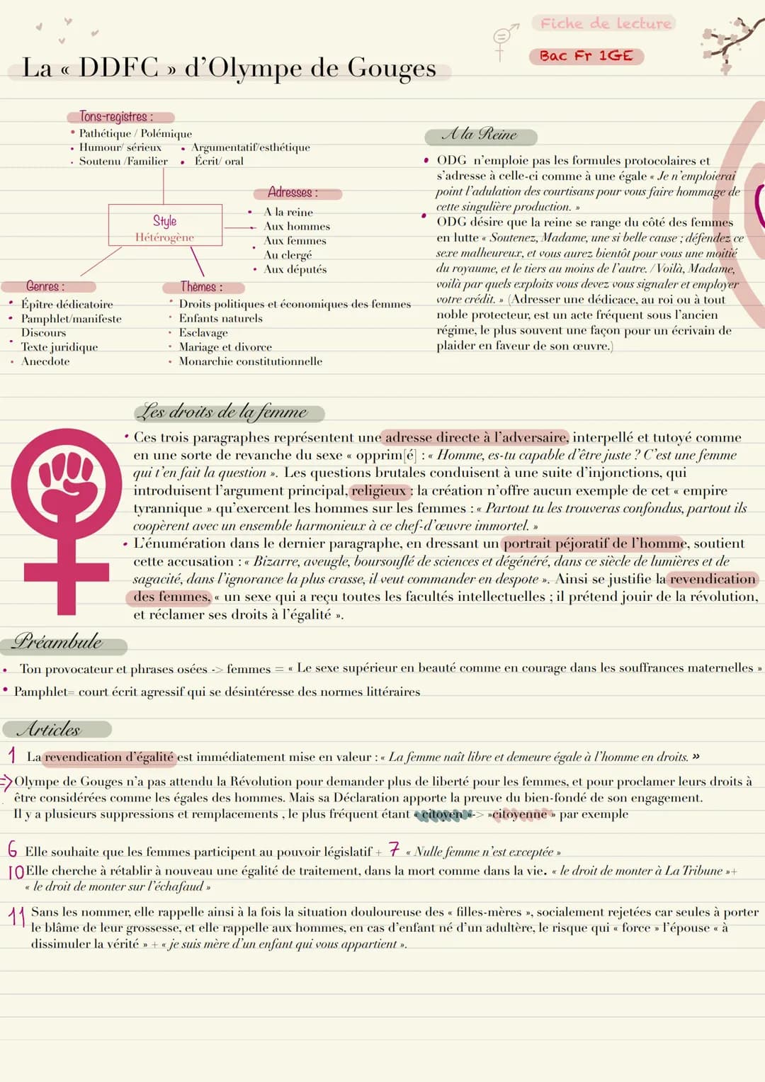
<p>La déclaration des droits de la femme et de la citoyenne, rédigée par Olympe de Gouges, présente différents tons et registres ainsi que 