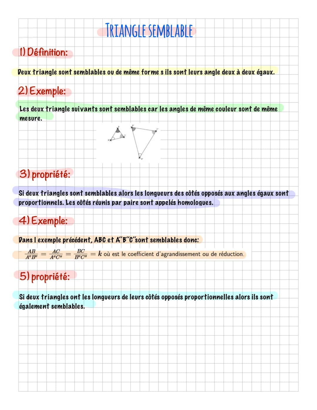 1) Définition:
Deux triangle sont semblables ou de même forme s ils sont leurs angle deux à deux égaux.
2) Exemple:
Les deux triangle suivan