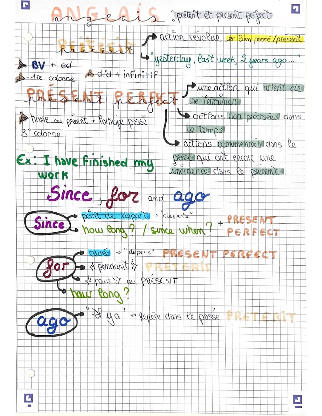 Prétérit , présent perfect , since for and ago 