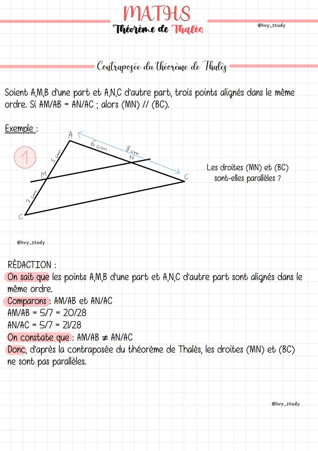Configuration de Thales
Théorème: Soit ABC un triangle tel que (MN) // (BC); alors on a :
AM/AB = AN/AC = MN/BC (ou bien AB/AM = AC/AN=BC/MN
