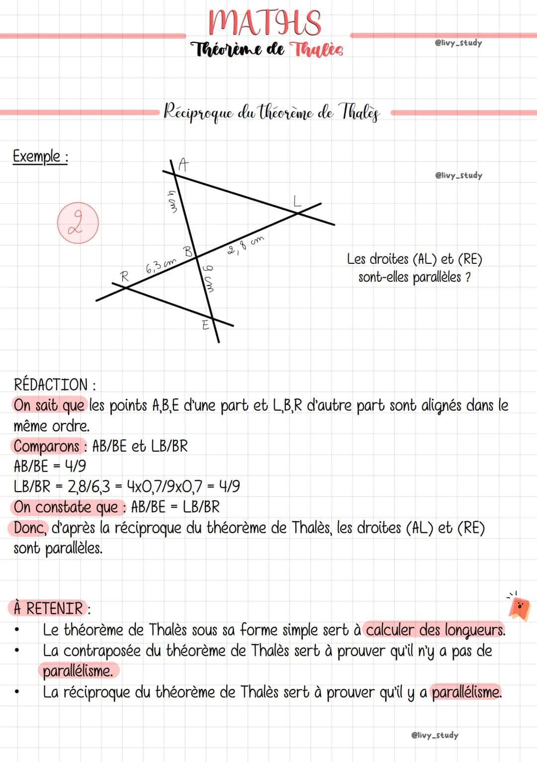 Configuration de Thales
Théorème: Soit ABC un triangle tel que (MN) // (BC); alors on a :
AM/AB = AN/AC = MN/BC (ou bien AB/AM = AC/AN=BC/MN