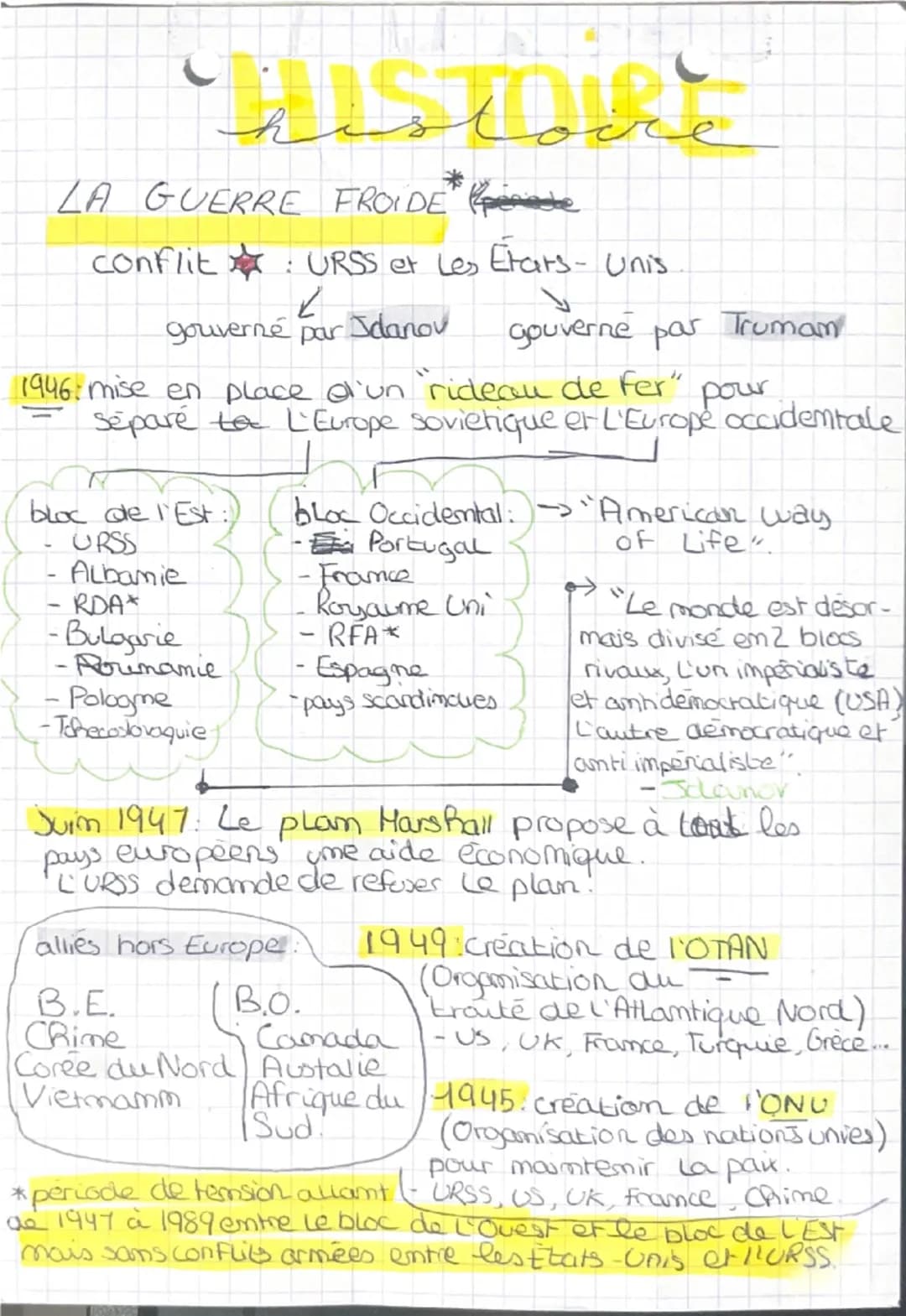 Histoire
LA GUERRE FROIDE te
conflit : URSS et Les États-Unis
gouverné par
Sdanov
gouverne par Truman
pour
1946. mise en place d'un rideau d