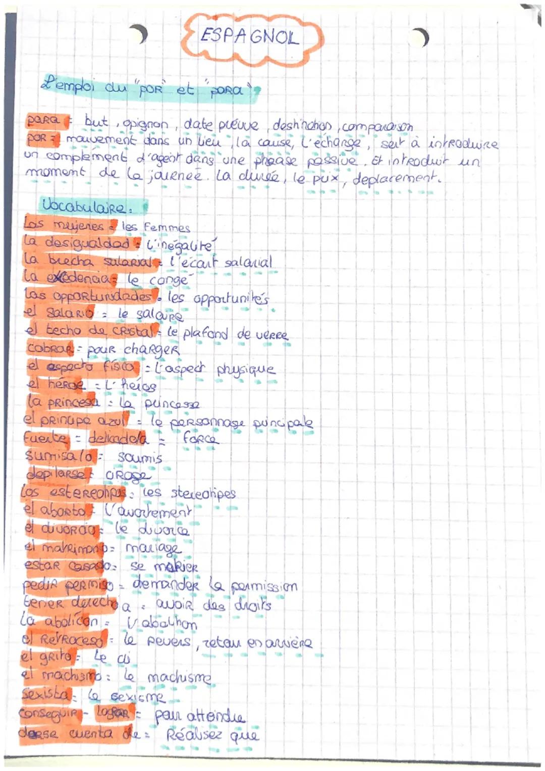 # ESPAGNOL

L'emploi du "por" et para

para but, opignon, date prévue deshinchan, comparaison
Por mouvement dans un lieu, la cause, l'echang