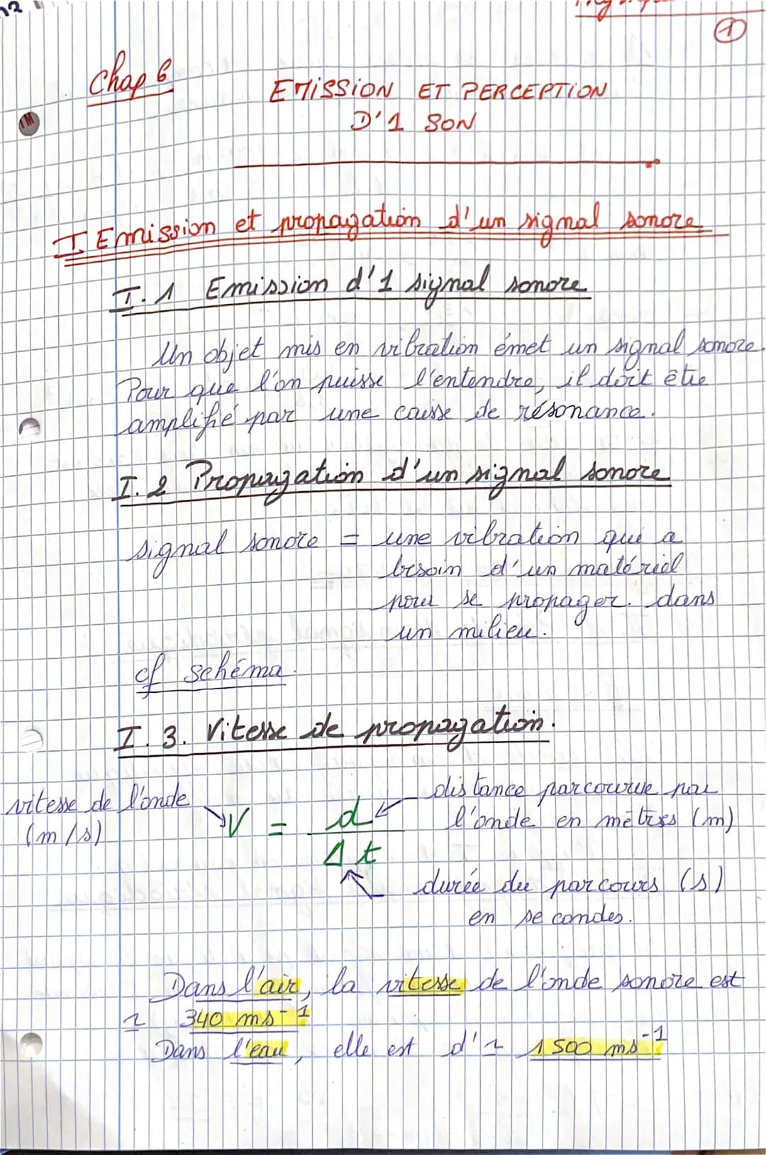 Chap 6
EMISSION ET PERCEPTION
D'1 SON
I Emission et propagation d'un signal sonore
I.1 Emission d'1 signal
Un objet mis en vibration émet un