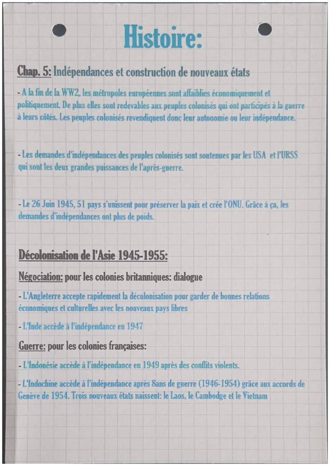 Histoire:
Chap. 5: Indépendances et construction de nouveaux états
- A la fin de la WW2, les métropoles européennes sont affaiblies économiq