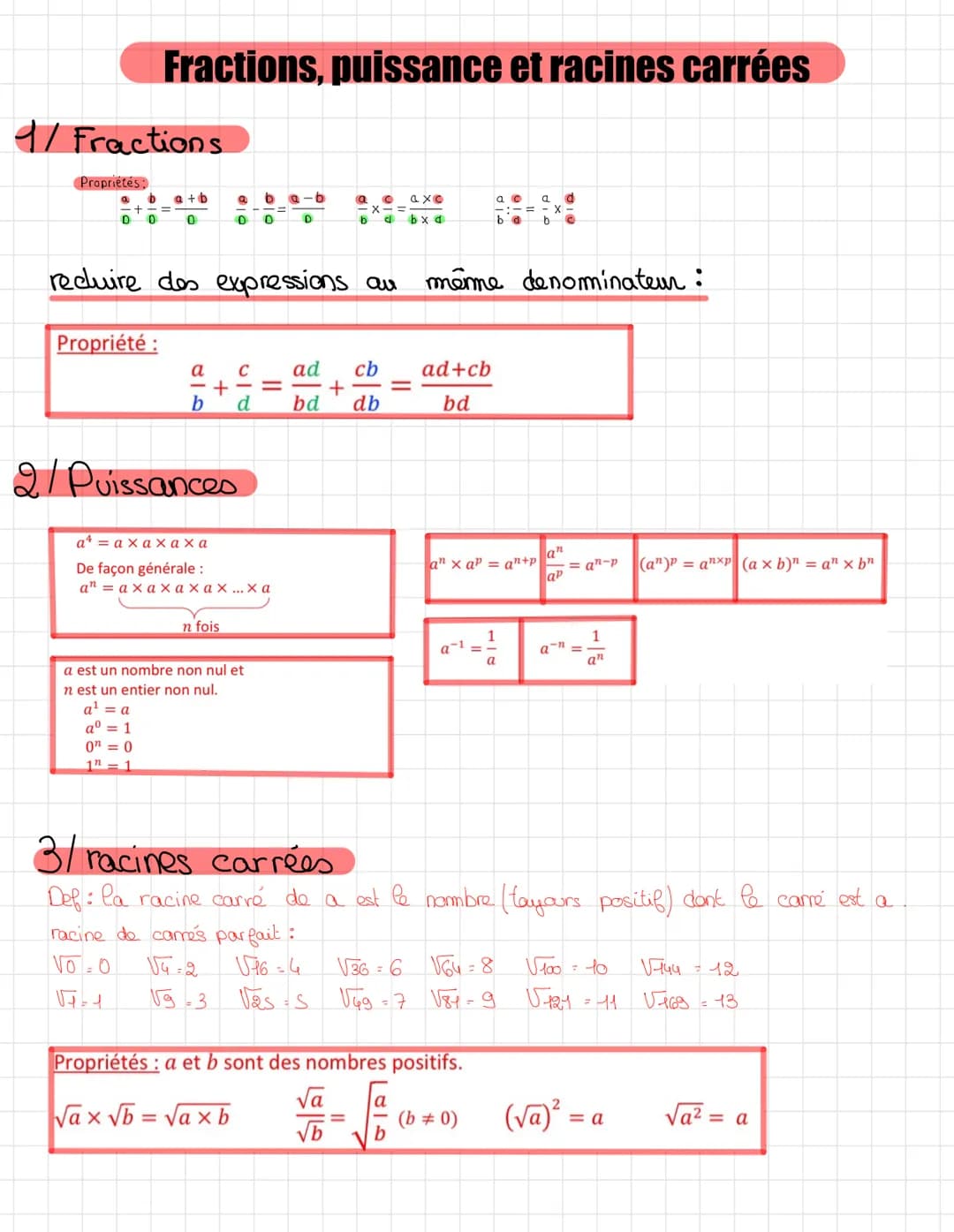 1/ Fractions
Propriétés:
Fractions, puissance et racines carrées
a b a+b
+
D 0
0
Propriété :
010
a
b
+
a b
0 0
reduire des expressions au mê