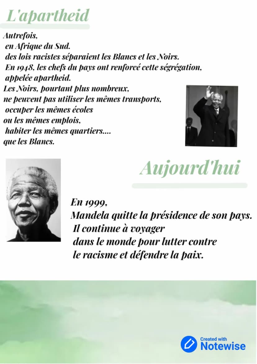 Nelson Mandela
Created with
Notewise d
Nelson
Les bases
Mandela
Mandela
1918-2013
Nom: Nelson Mandela
Surnom: Madiba
Date de naissance: 18 j